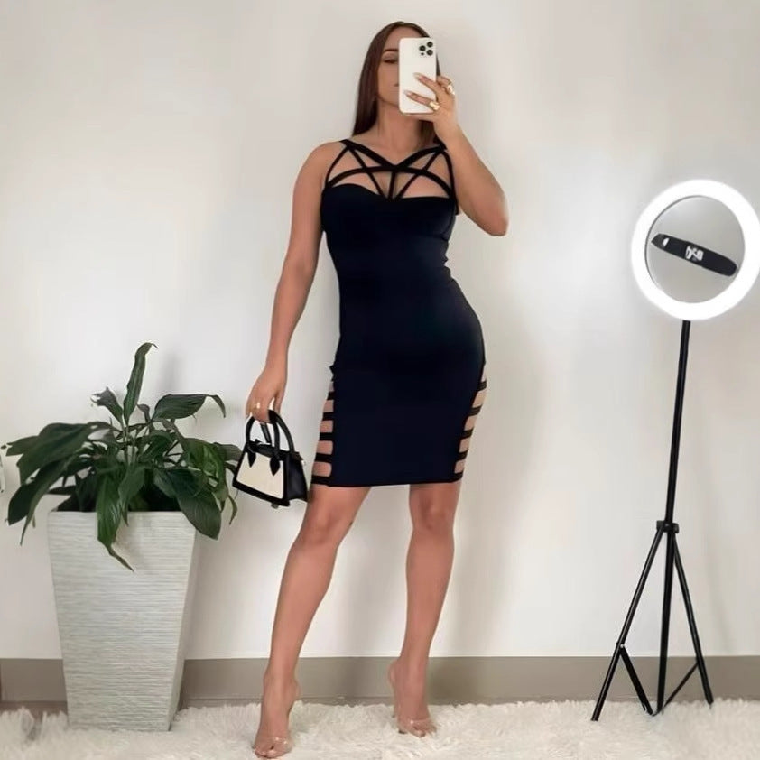 Spaghetti Strap Striped Cutout Bandage Dress