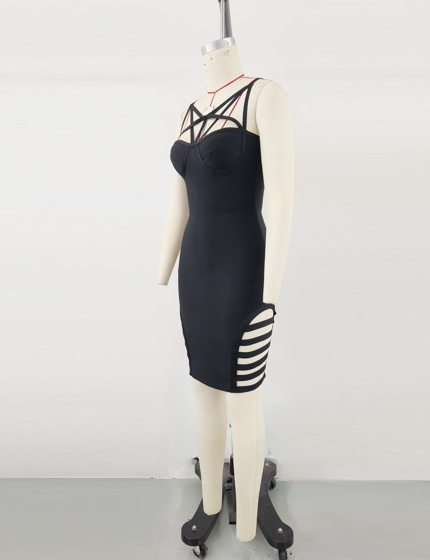 Spaghetti Strap Striped Cutout Bandage Dress