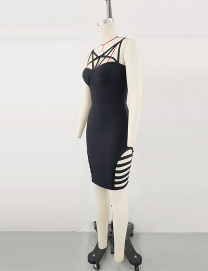 Spaghetti Strap Striped Cutout Bandage Dress