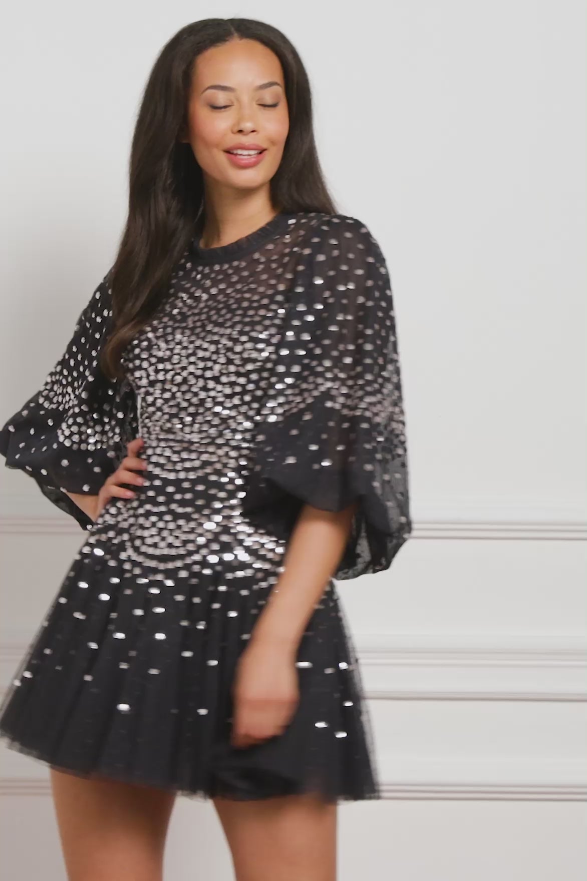 Scallop Sequin Round Neck Micro Mini Dress