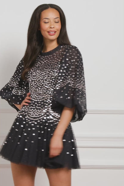 Scallop Sequin Round Neck Micro Mini Dress