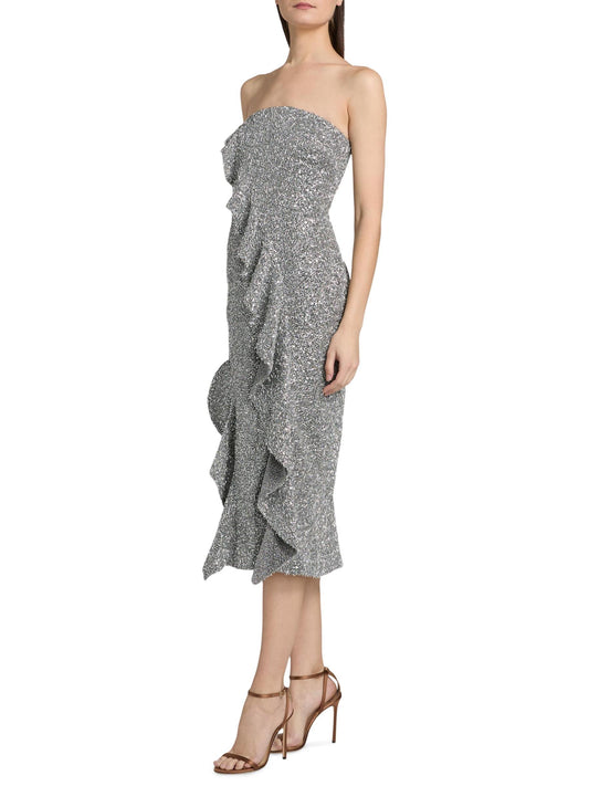 Katy Sequin Ruffle Strapless Cocktail Dress