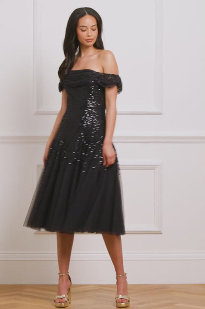 Dappled Sequin Draped Off-Shoulder Midaxi Dress