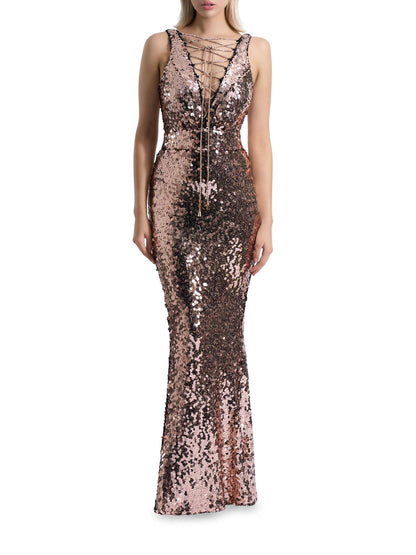 Double Star Stretch Sequin Lace-Up Gown