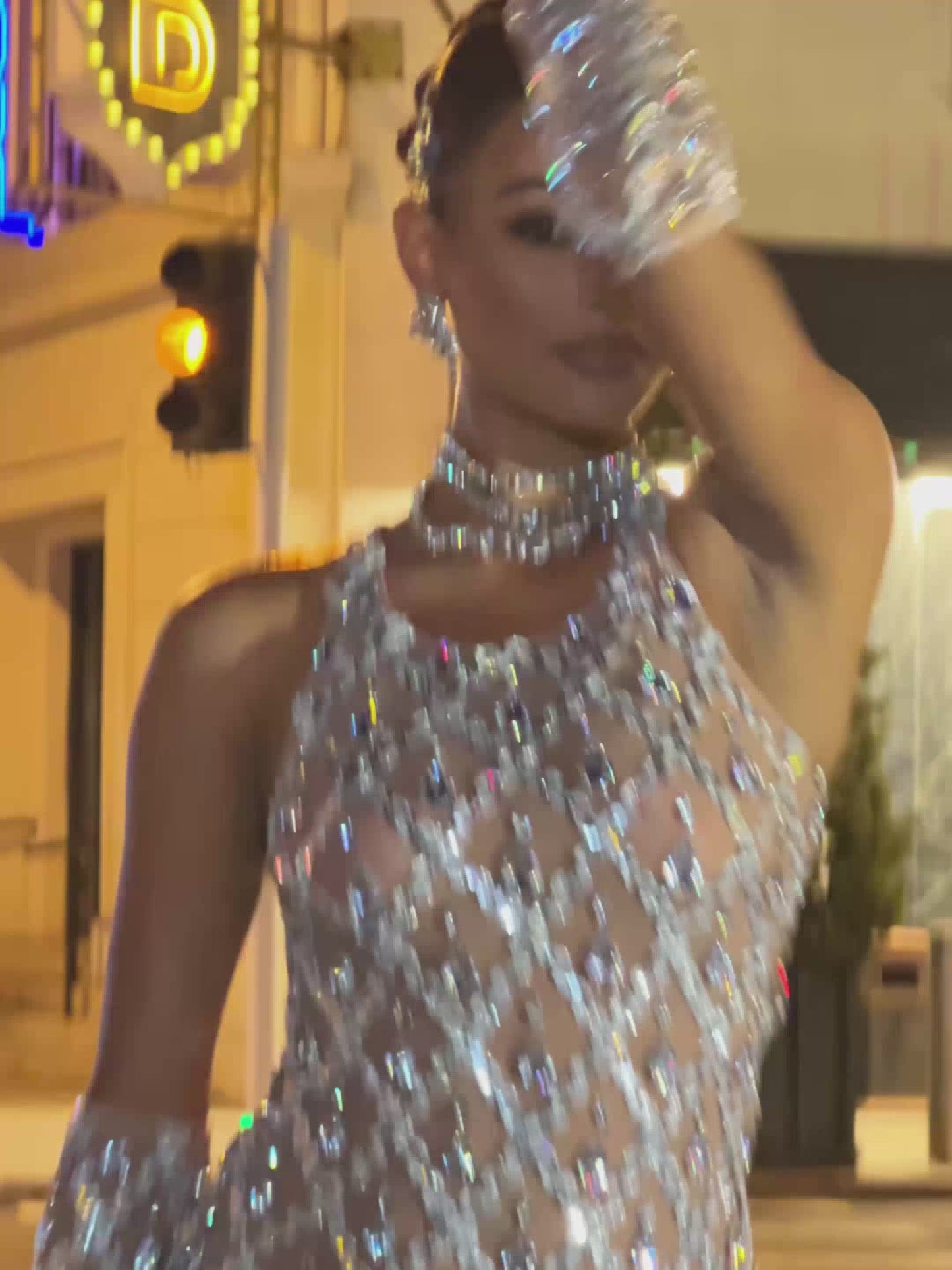 Liora Round Neck Sequin Crystal Mini Dress