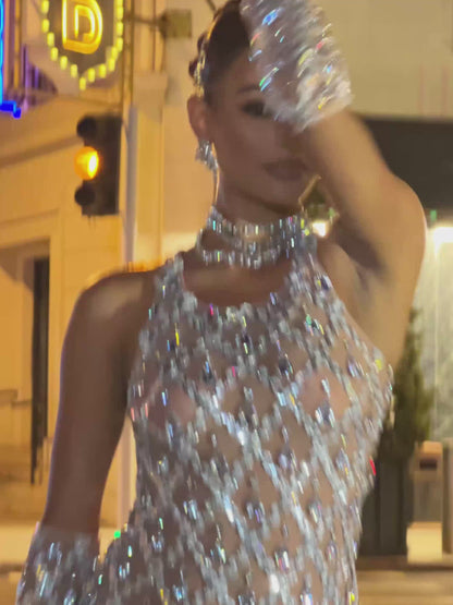 Liora Round Neck Sequin Crystal Mini Dress