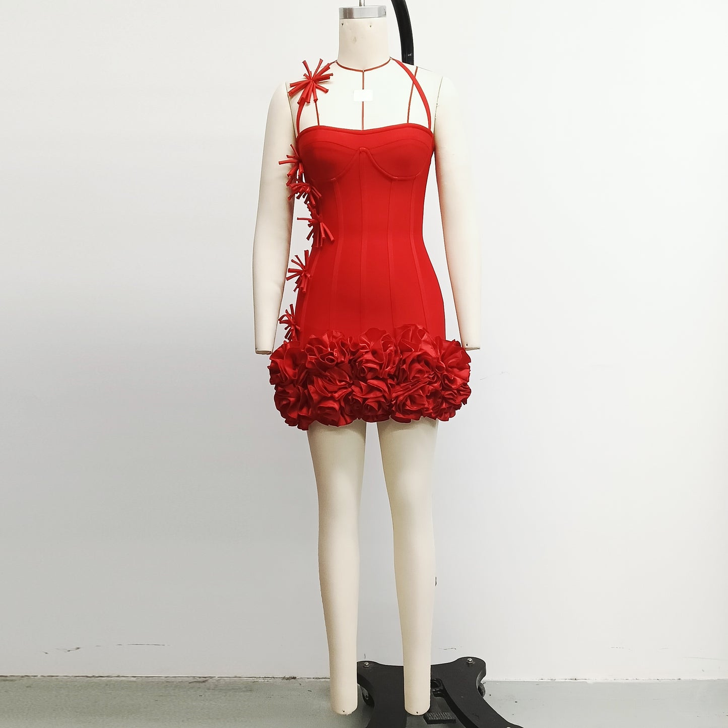 Red Halter Top Dress with 3D Floral, Short Bandage Vacation Evening Gown