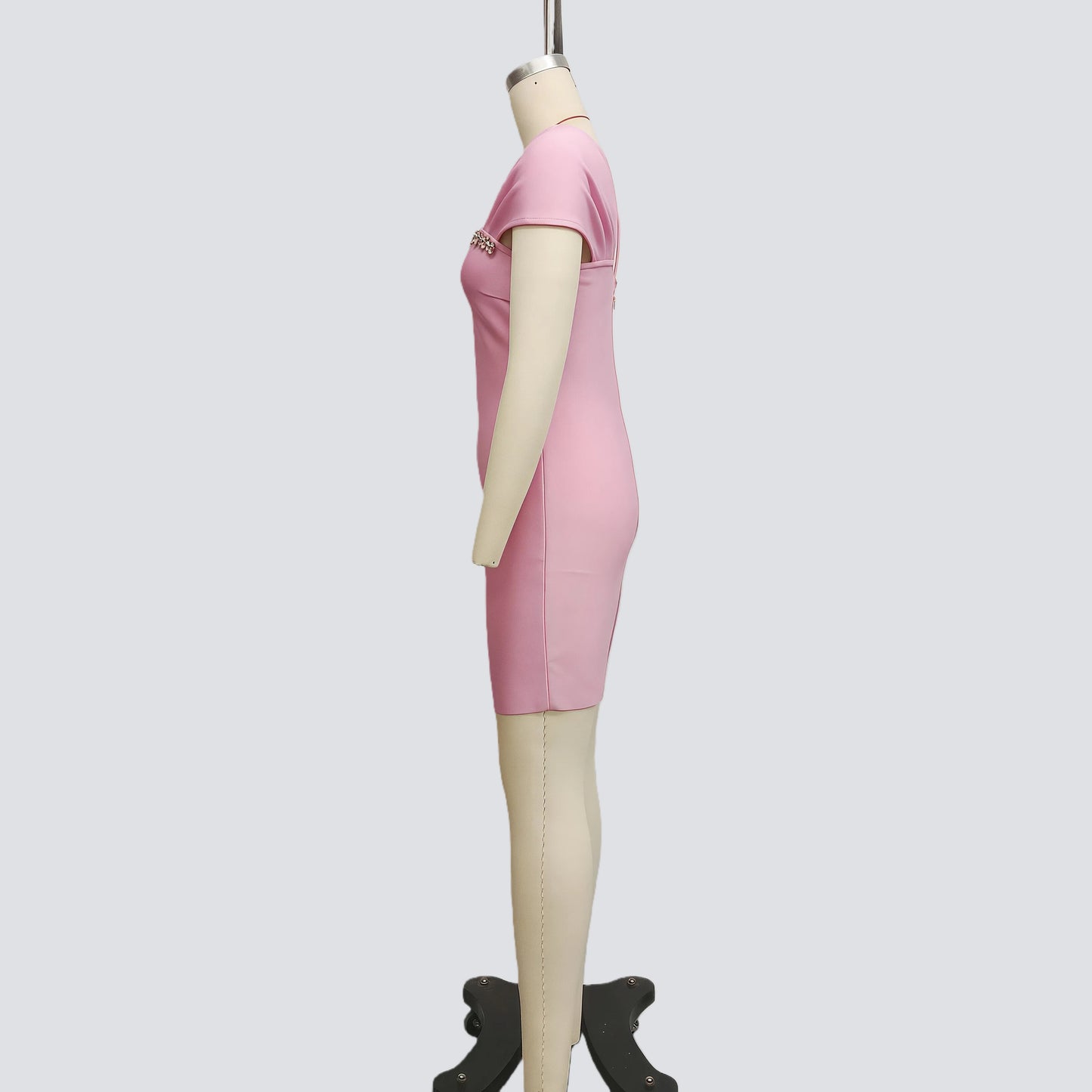 Elegant Handmade Rhinestone French Bandage Dress, Pink Mini Dress