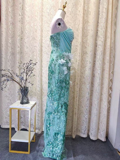 Heavy-embellished Velvet Evening Gown with 3D Floral Appliqués