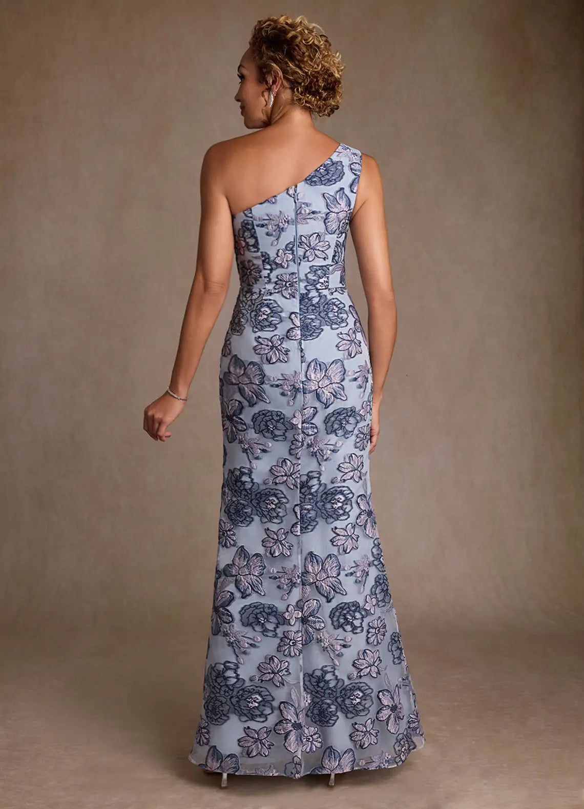 Dusty Blue Jacquard Trumpet One Shoulder Floral Jacquard Dress