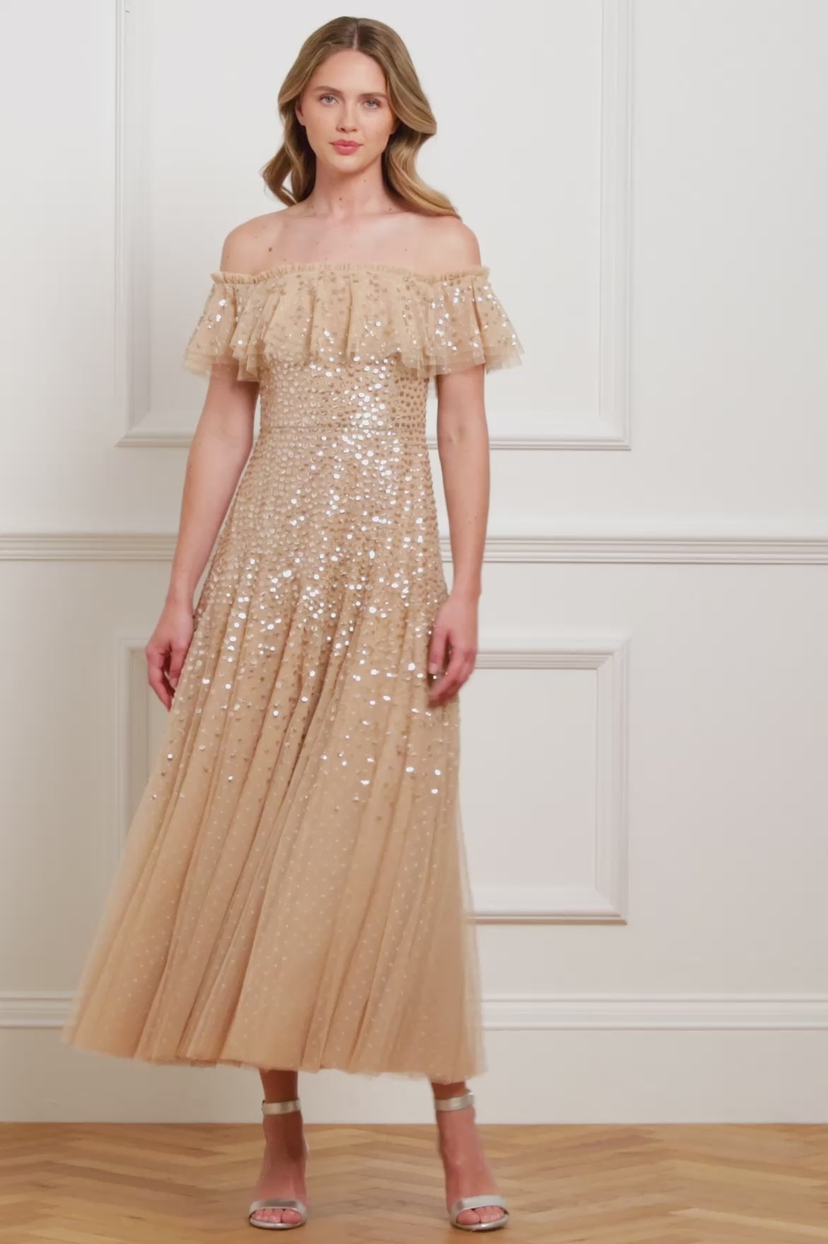 Dappled Sequin Off-Shoulder Ankle Gown