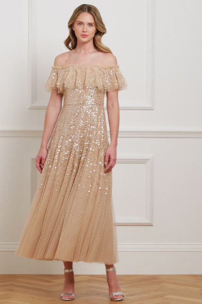 Dappled Sequin Off-Shoulder Ankle Gown