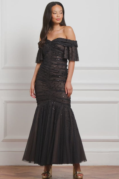 Dappled Sequin Rouched Off-Shoulder Gown