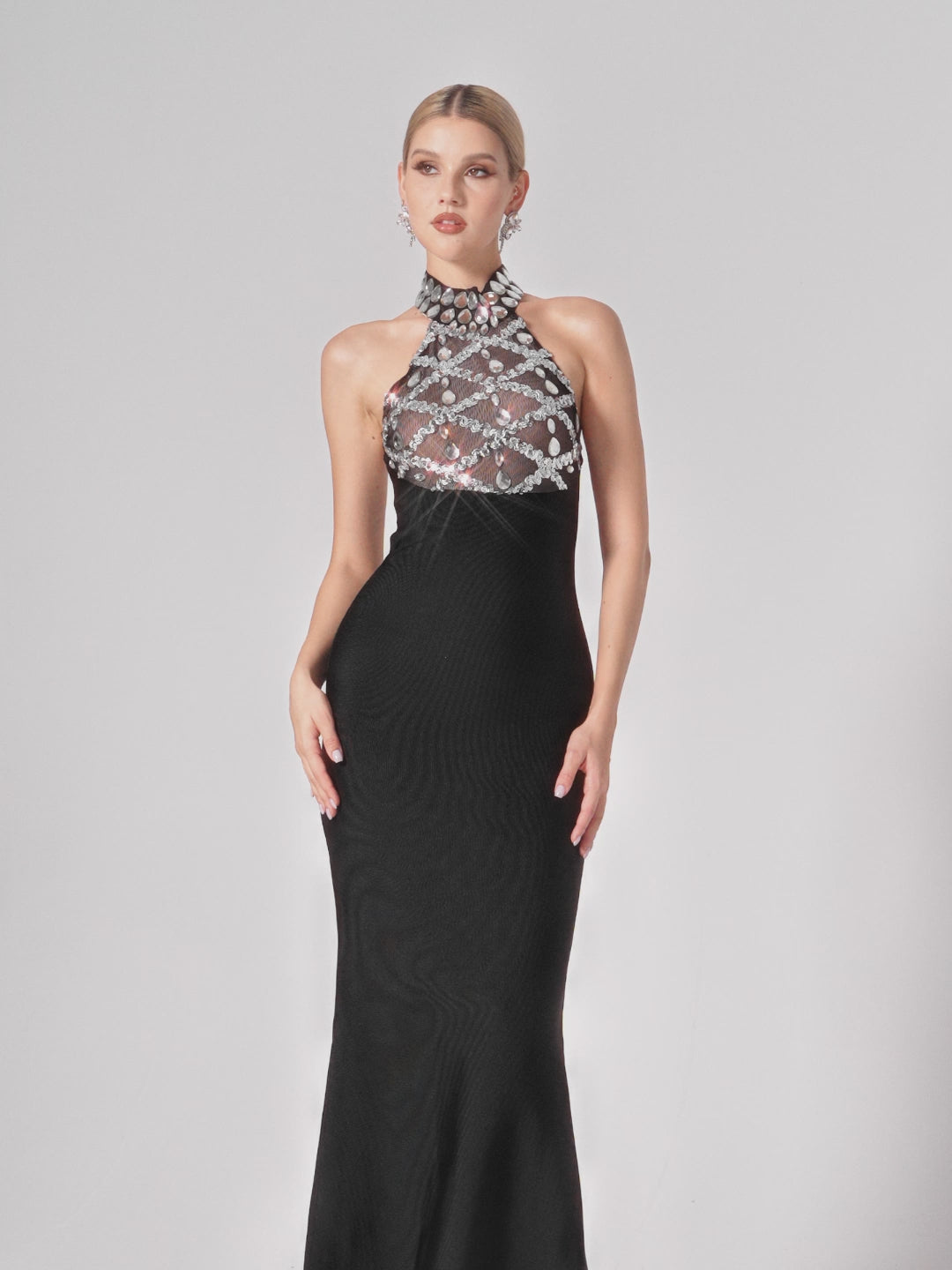 Firnix Crystal Sequin Bandage Maxi Dress