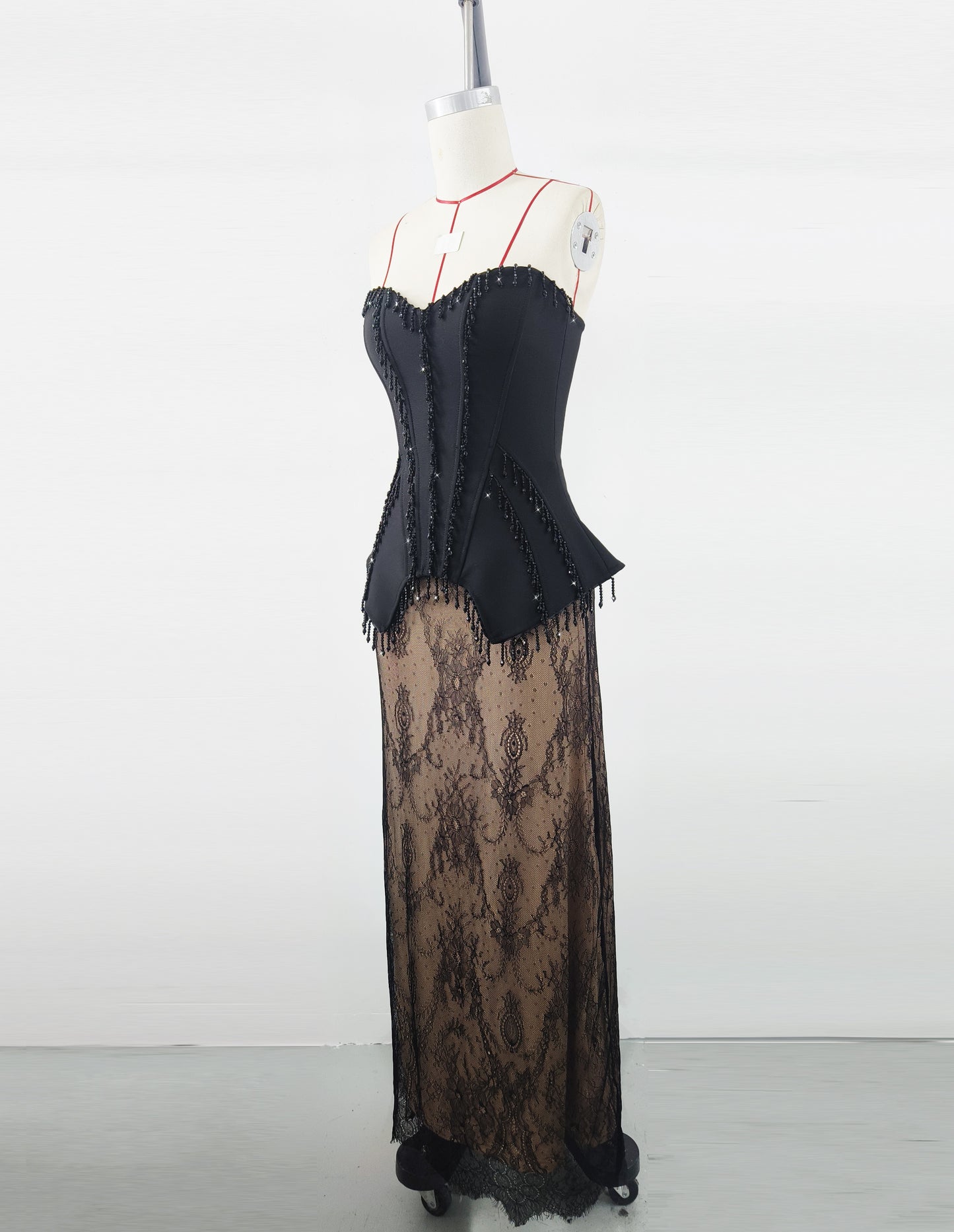 Women's Black Crystal Lace Two-Piece Set, Elegant Sexy Party Outfit