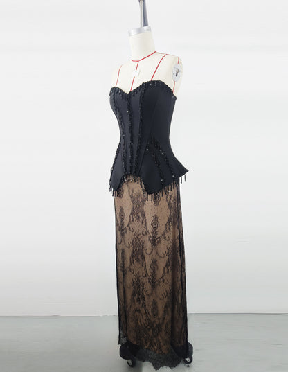 Women's Black Crystal Lace Two-Piece Set, Elegant Sexy Party Outfit
