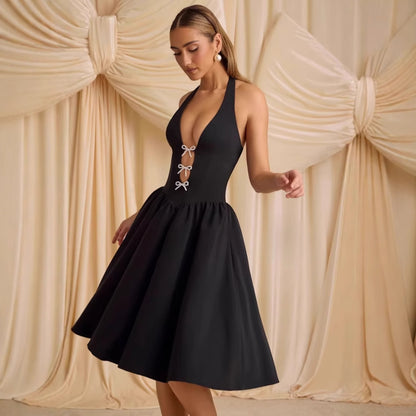 Women's Pearl Bow Puffy Dress, Sweet A-Line Party Dress