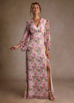 Lavender Floral A-Line Pleated Chiffon Dress