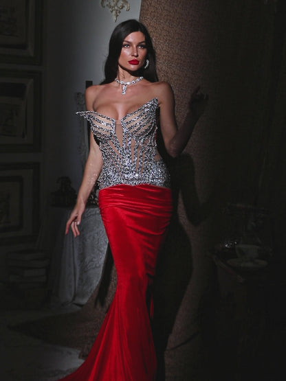 Brazmir Strapless Sequin Ruched Mermaid Maxi Dress