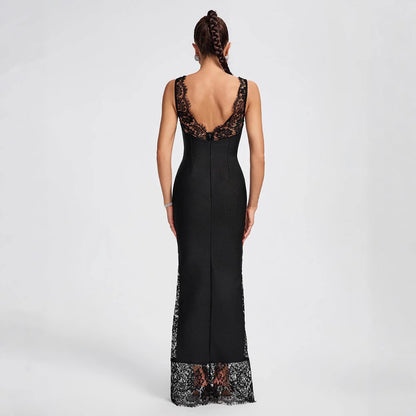 V-Neck Lace Panel Spaghetti Strap Bandage Dress