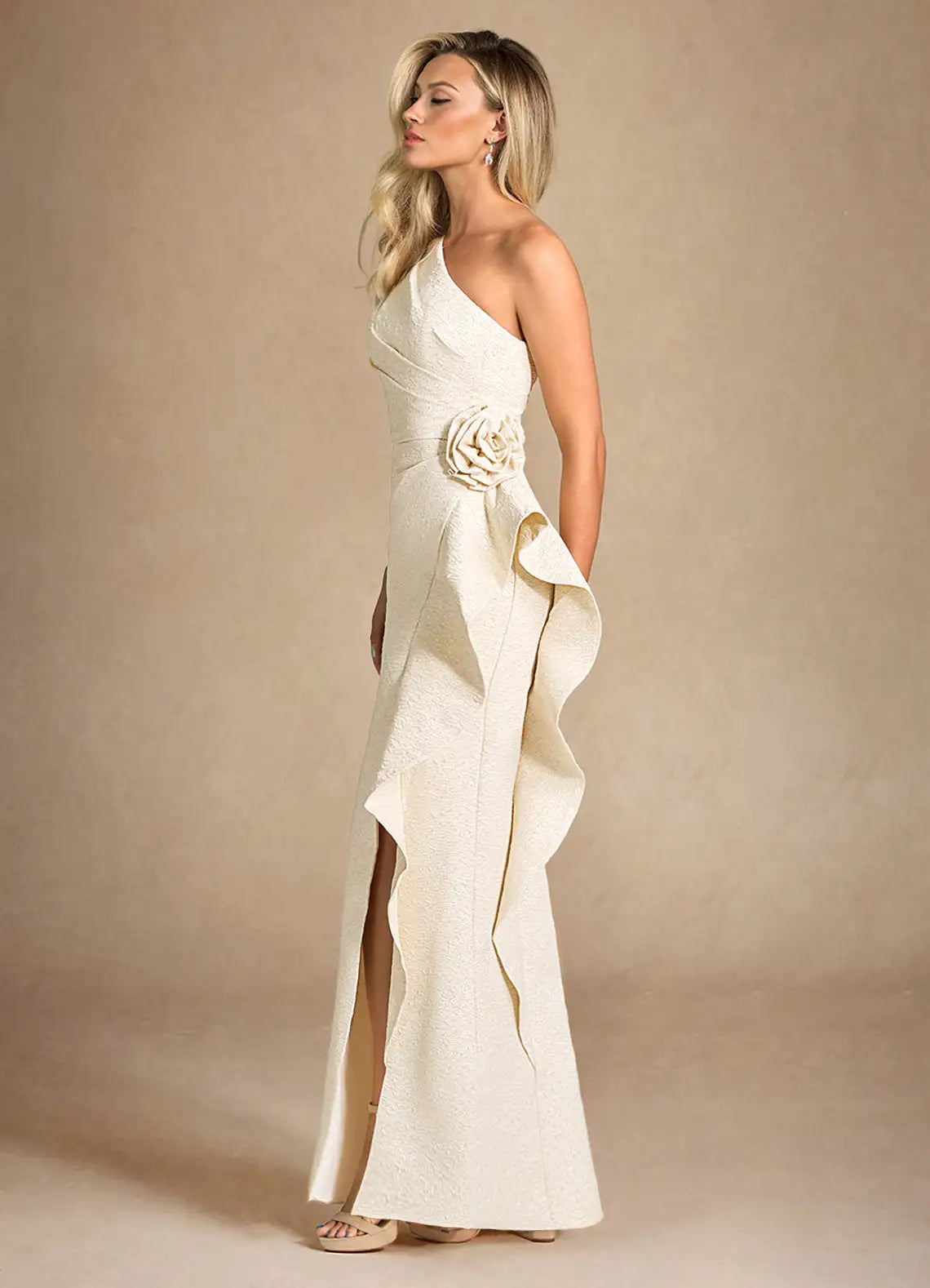 Light Gold Jacquard Mermaid One Shoulder Metallic Jacquard Dress