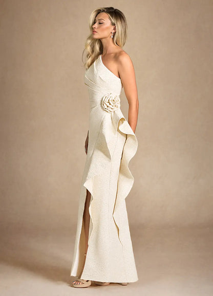 Light Gold Jacquard Mermaid One Shoulder Metallic Jacquard Dress