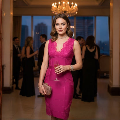 Pink Sleeveless Eyelash Lace Shimmer Bandage Dress