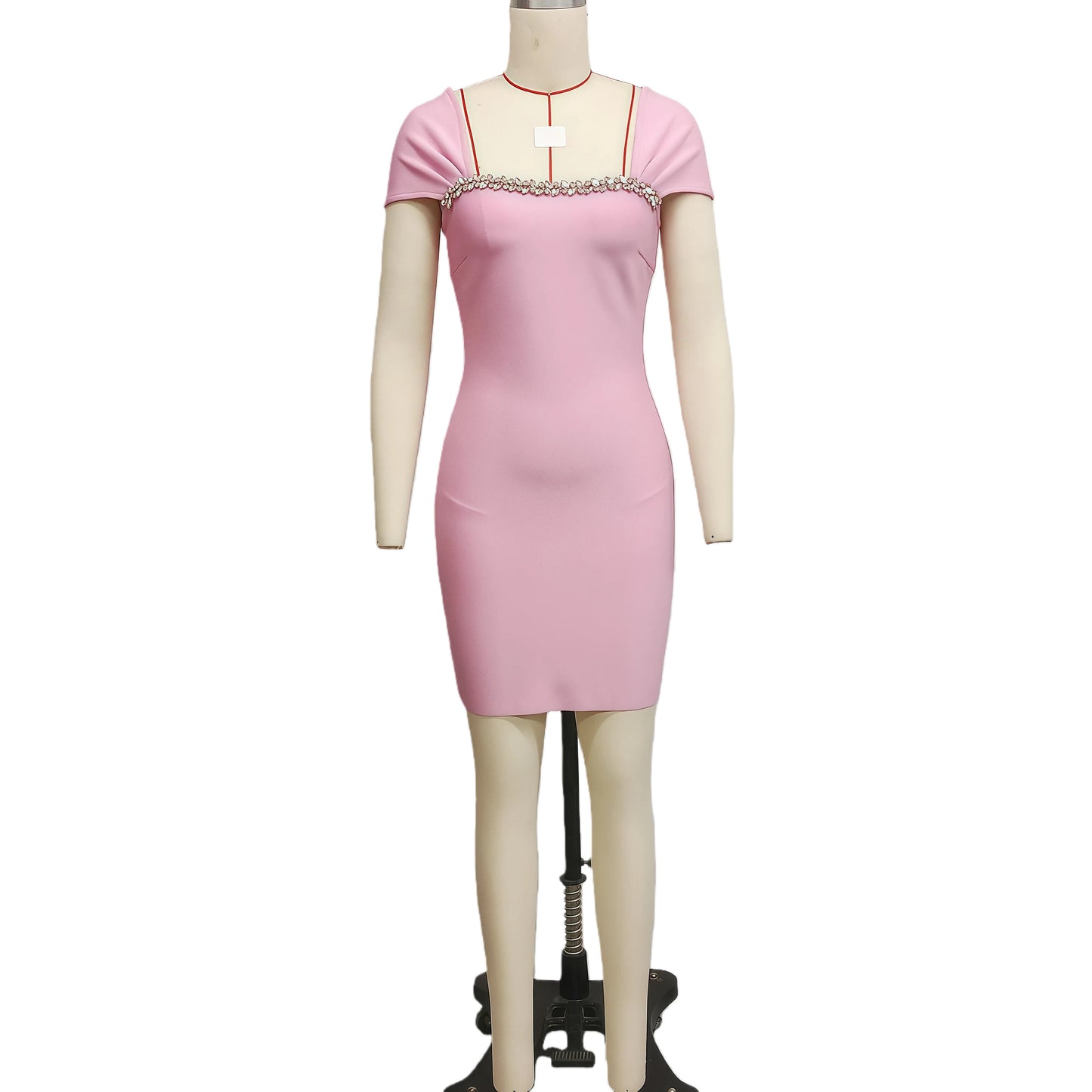 Elegant Handmade Rhinestone French Bandage Dress, Pink Mini Dress