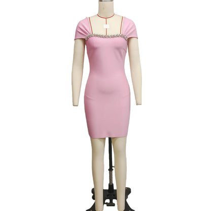Elegant Handmade Rhinestone French Bandage Dress, Pink Mini Dress