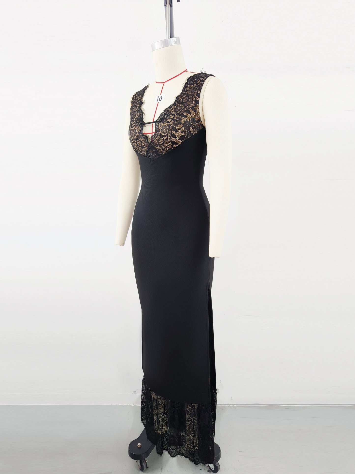 V-Neck Lace Panel Spaghetti Strap Bandage Dress