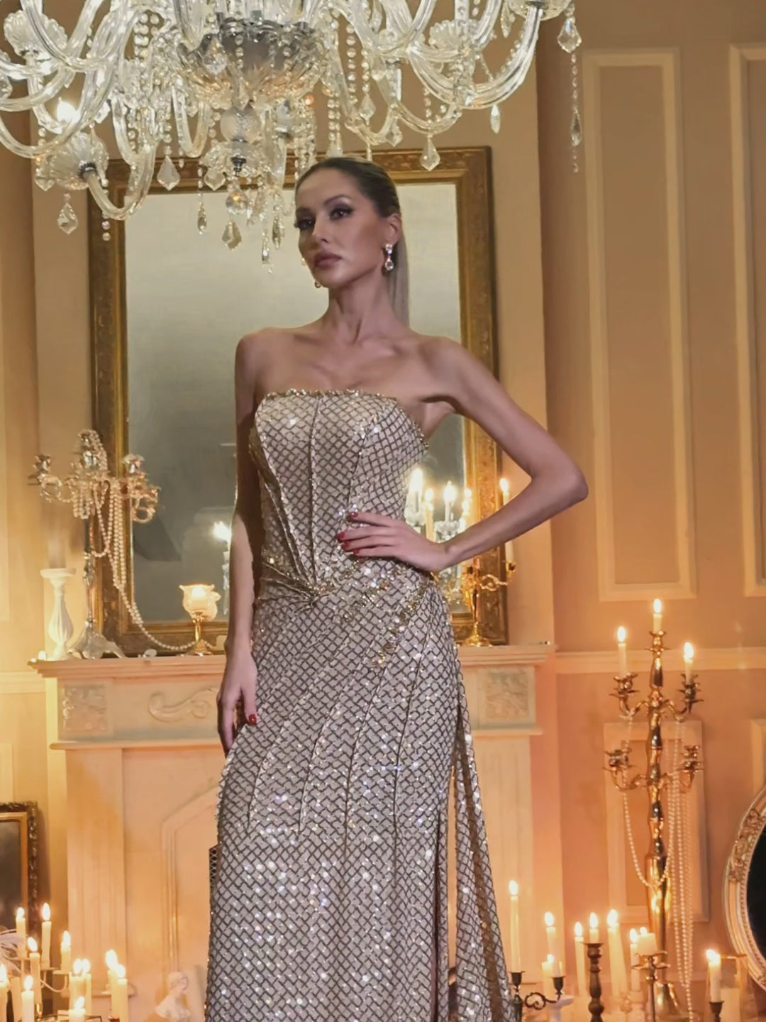 Glein Strapless Ruched Sequin Maxi Dress