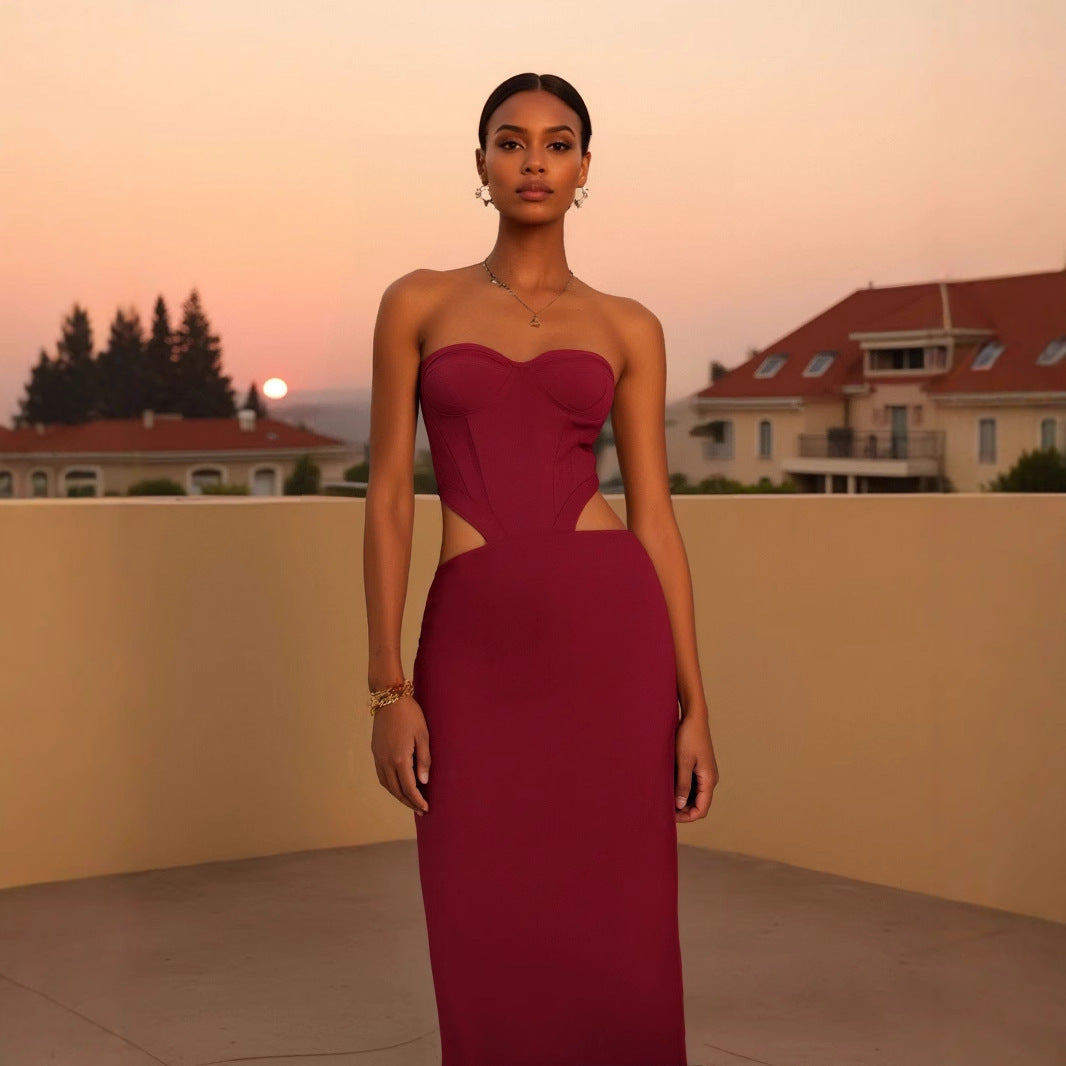Strapless Mesh Cutout Waist Bandage Dress