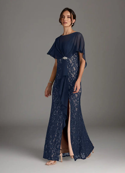 Dark Navy Taupe Sheath Sequins Chiffon Dress