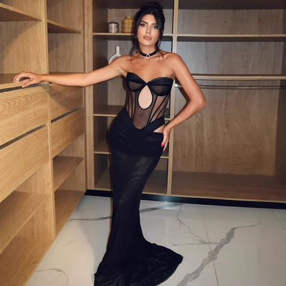Women's Black Strapless Cutout Evening Gown, Elegant Sexy Bodycon Party Dress