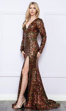 Long Sleeve Long Sequin Formal Dress 9010