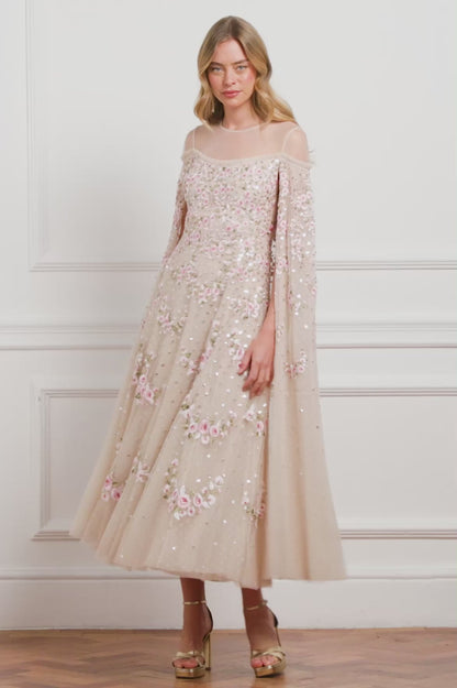 Crescent Roses Cape Ankle Gown