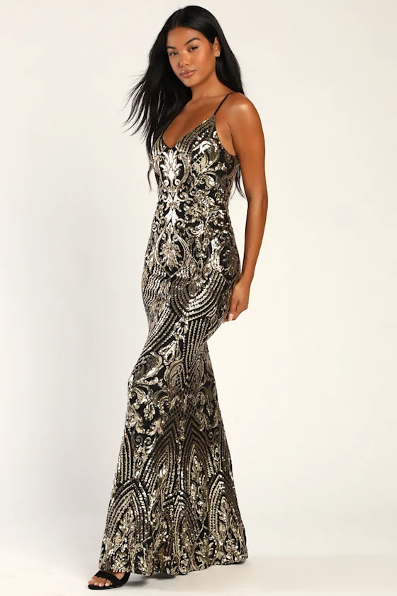 Truly Alluring Black and Gold Sequin Mermaid Maxi Dress