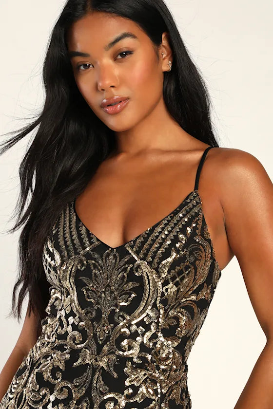 Truly Alluring Black and Gold Sequin Mermaid Maxi Dress