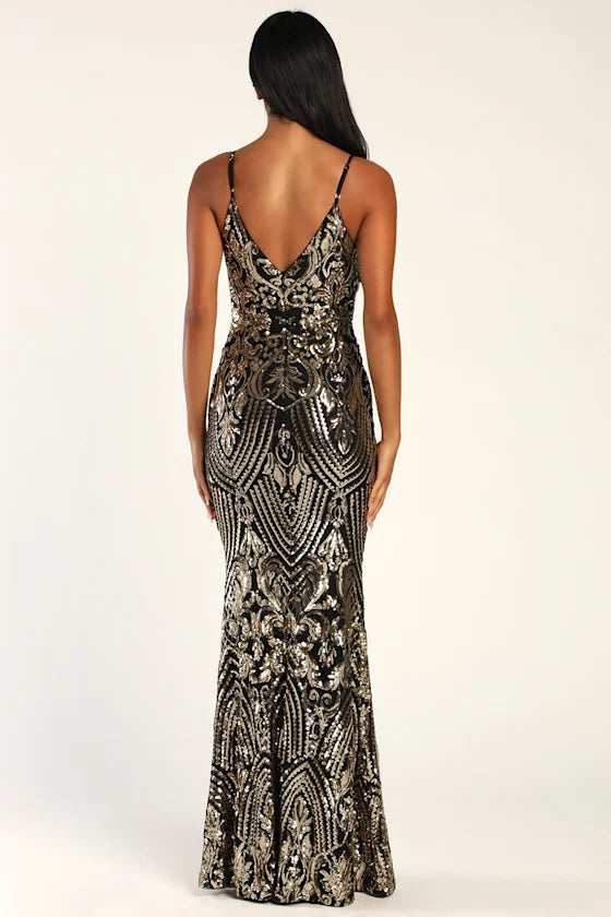 Truly Alluring Black and Gold Sequin Mermaid Maxi Dress