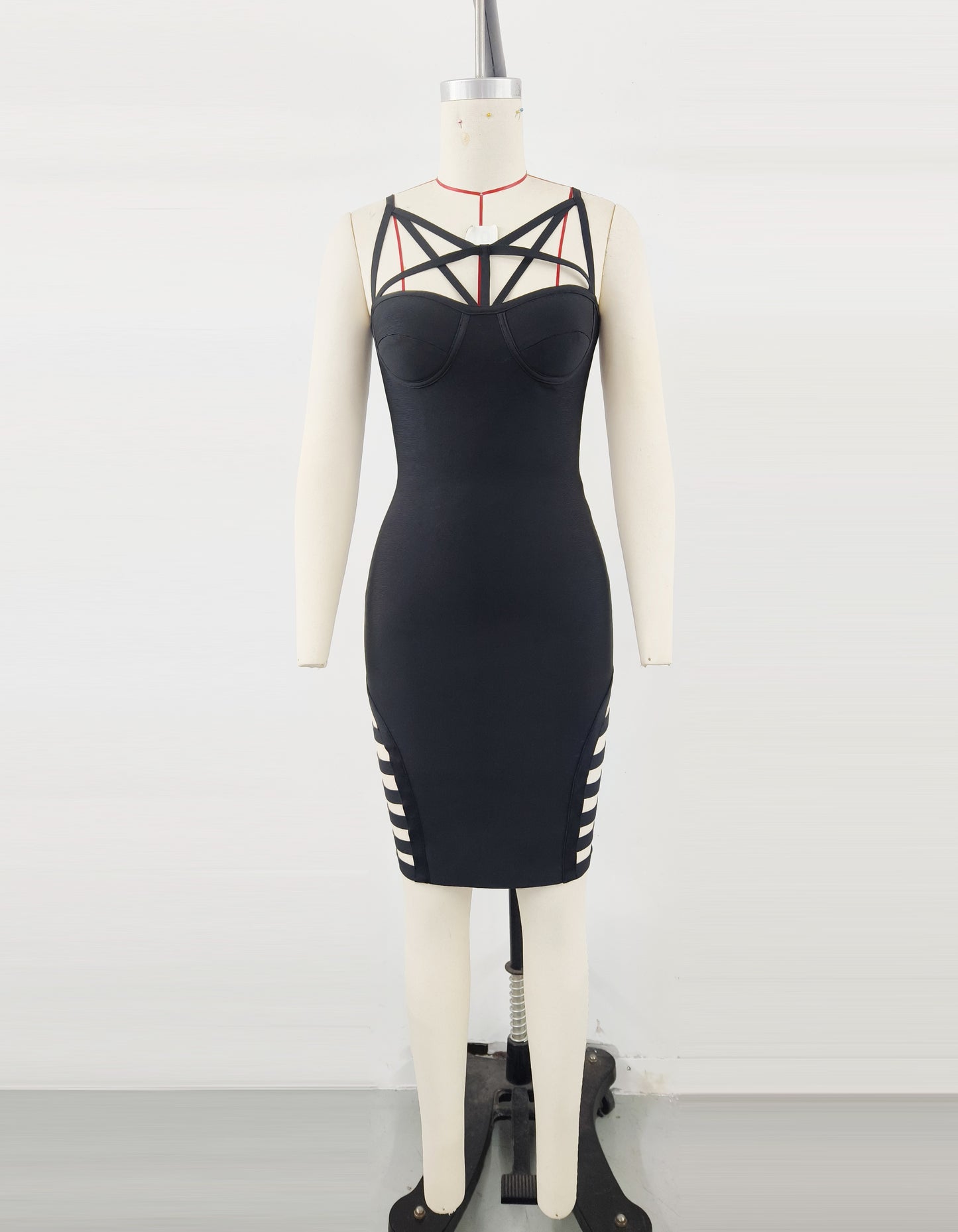 Spaghetti Strap Striped Cutout Bandage Dress