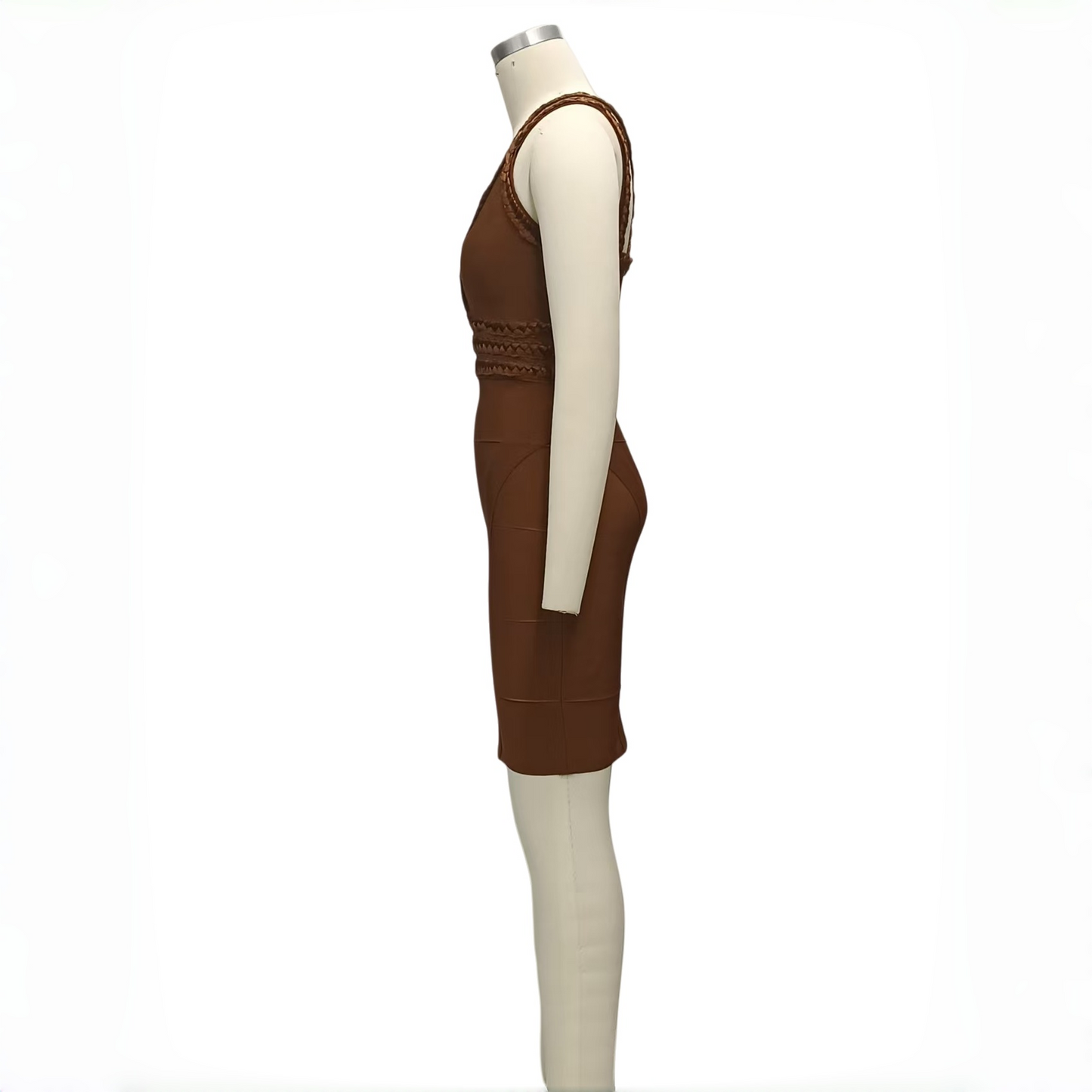 Brown Lustrous Woven V-Neck Bandage Dress, Luxury Slim Fit Bodycon Skirt