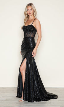 Long Sequin and Beaded Prom Dress: PolyUSA 9732