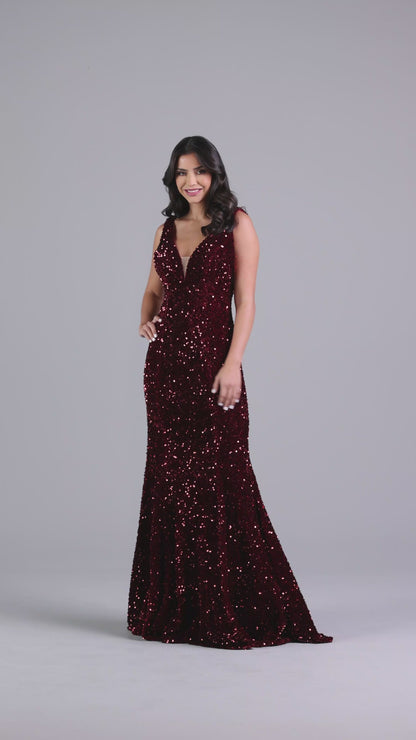 PromGirl Deep V-Neck Red Long Sequin Prom Dress