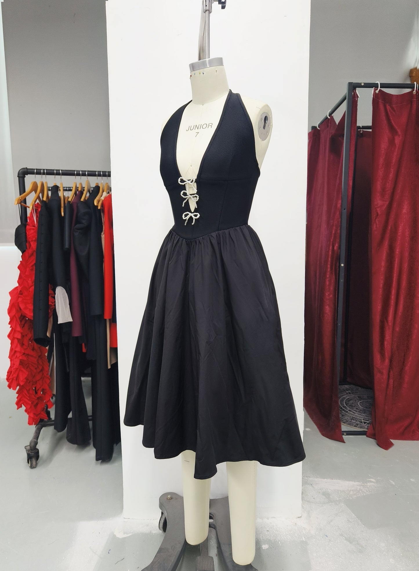 Women's Pearl Bow Puffy Dress, Sweet A-Line Party Dress