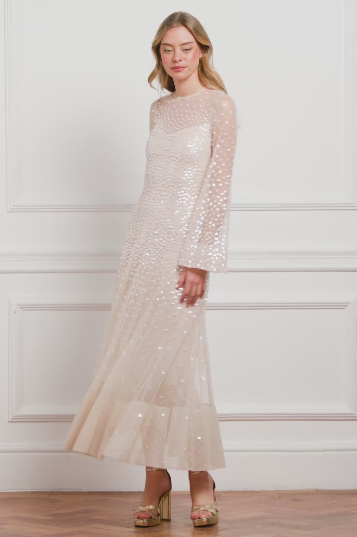 Sequin Cascade Long Sleeve Ankle Gown