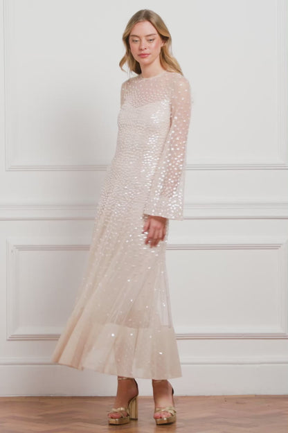 Sequin Cascade Long Sleeve Ankle Gown