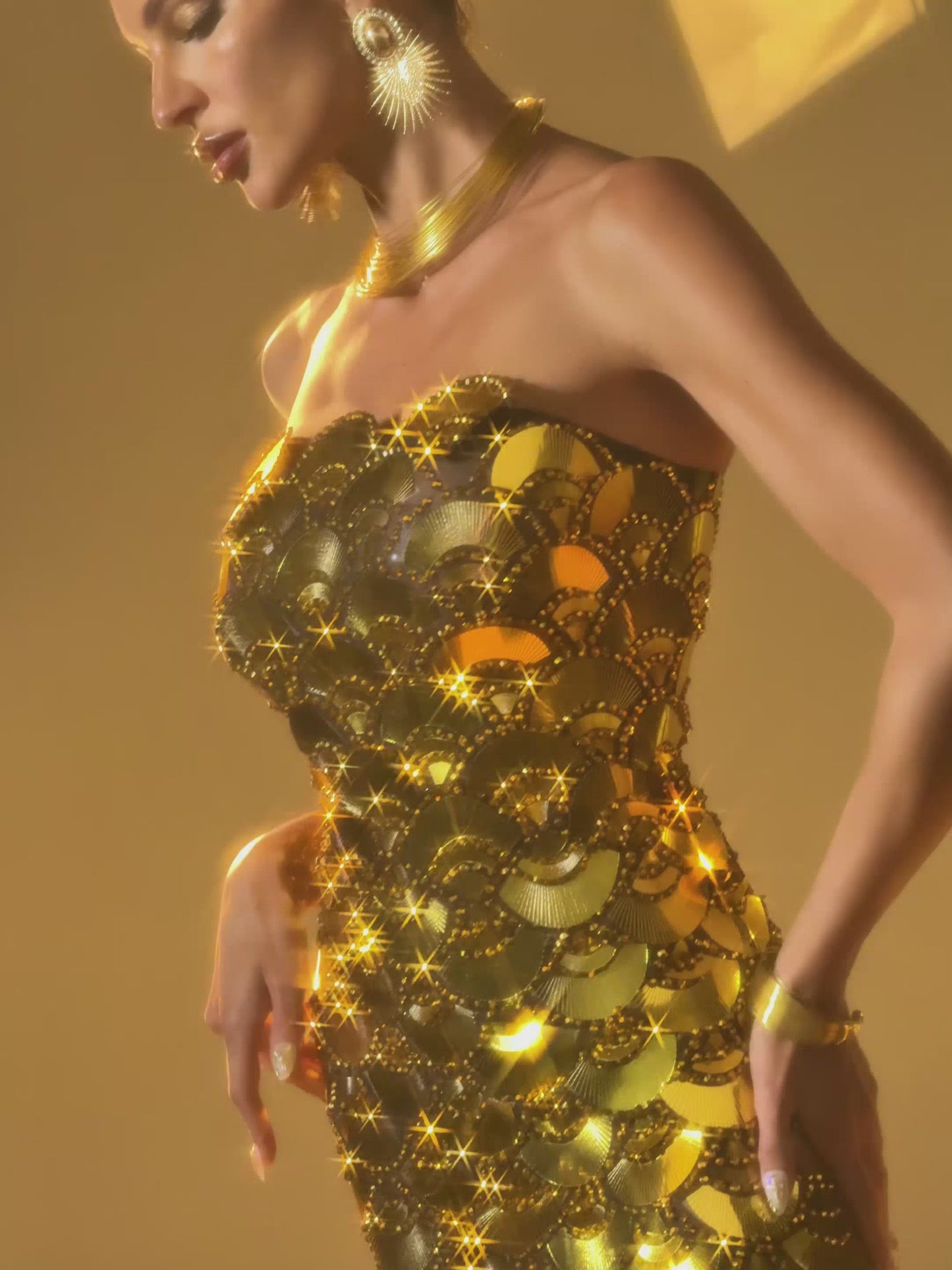 Nyxara Strapless Sequin Embellished Mini Dress In Gold