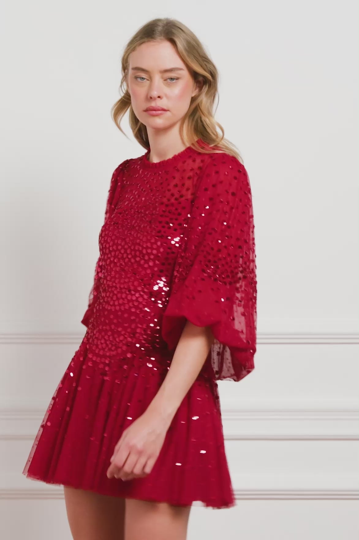 Scallop Sequin Round Neck Micro Mini Dress