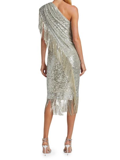 Fringed Sequin One-Shoulder Dress