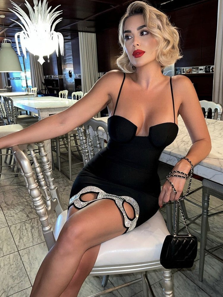 Black Spaghetti Strap Double Loop Rhinestone Bandage Dress